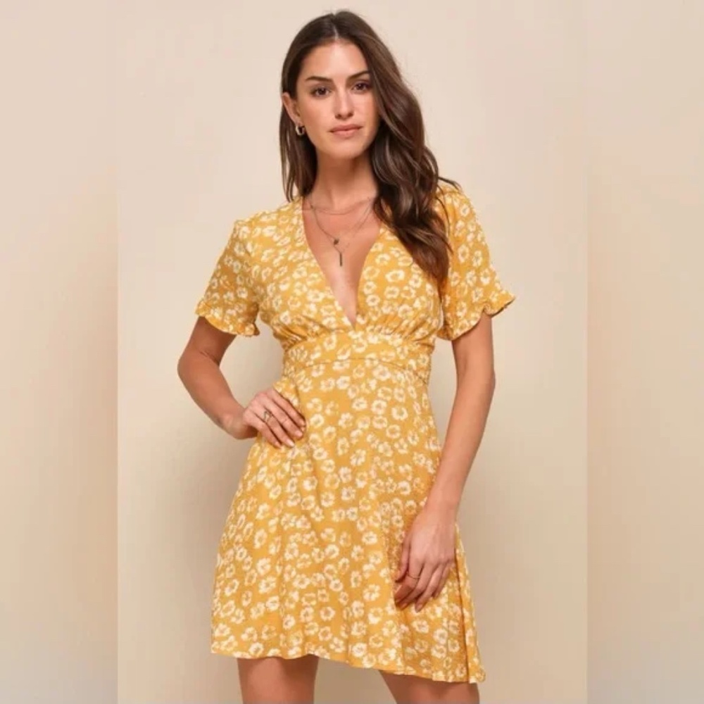 Lulus | Garden Explorer Mustard Yellow Floral Print Mini Dress XS